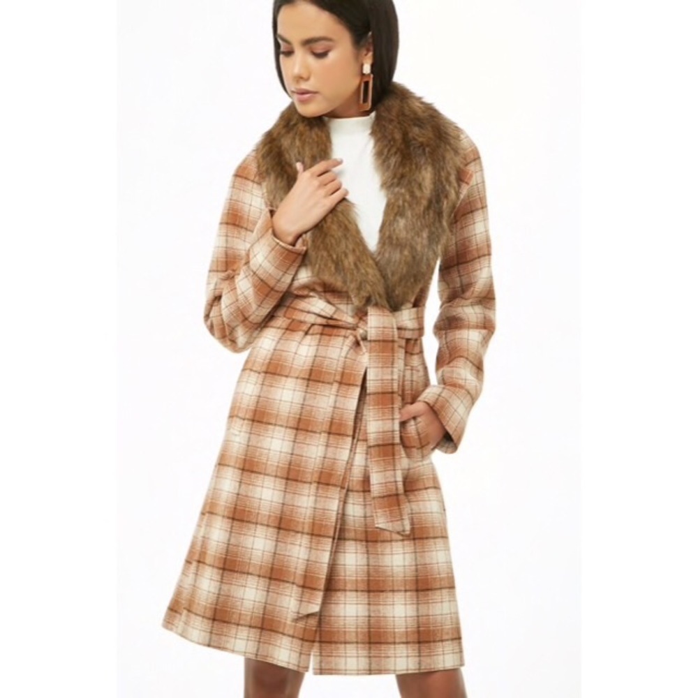 Forever21 Faux Fur Plaid Wrap Coat